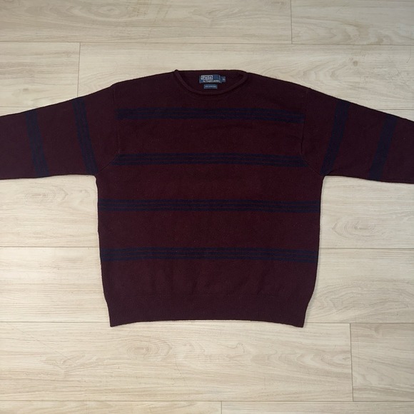 Vintage Polo Ralph Lauren Burgundy Striped Lambswool Roll Neck Sweater XL Casual - Picture 3 of 8